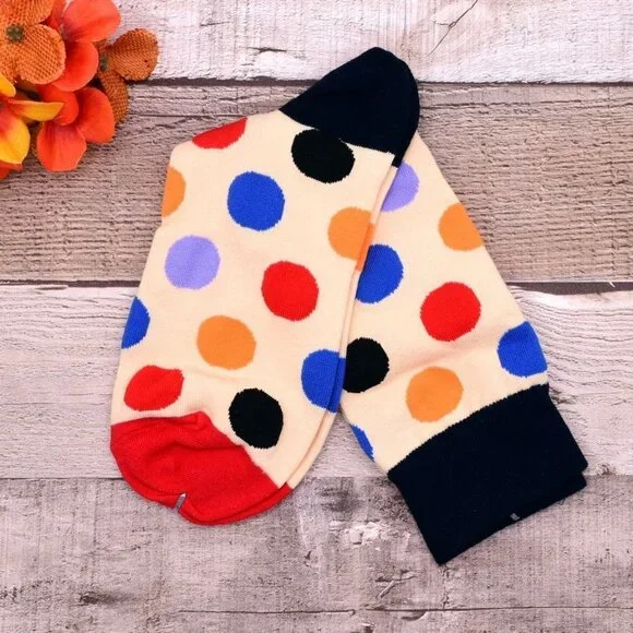 Miley Splash Womens Polka Dot Socks Colorful Dots on Cream Black Heel Red Toe - Picture 5 of 10